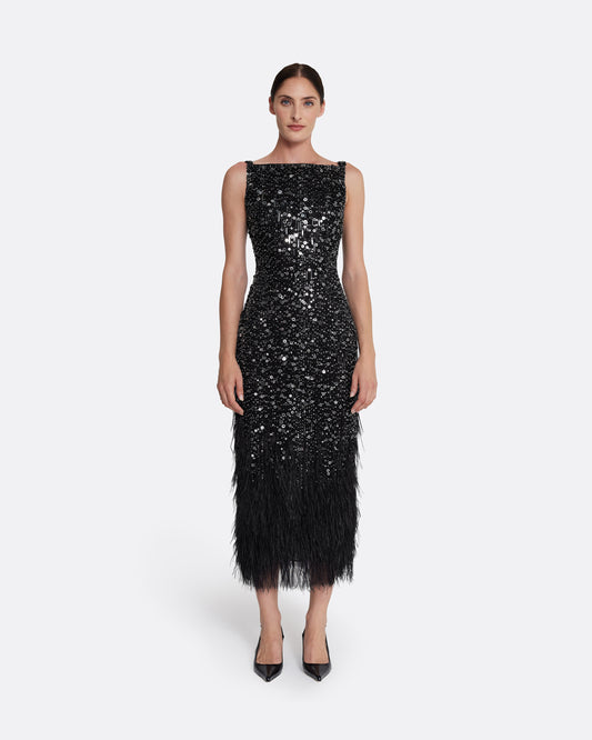 Federica Midi Dress in Black with Feather Embellishment