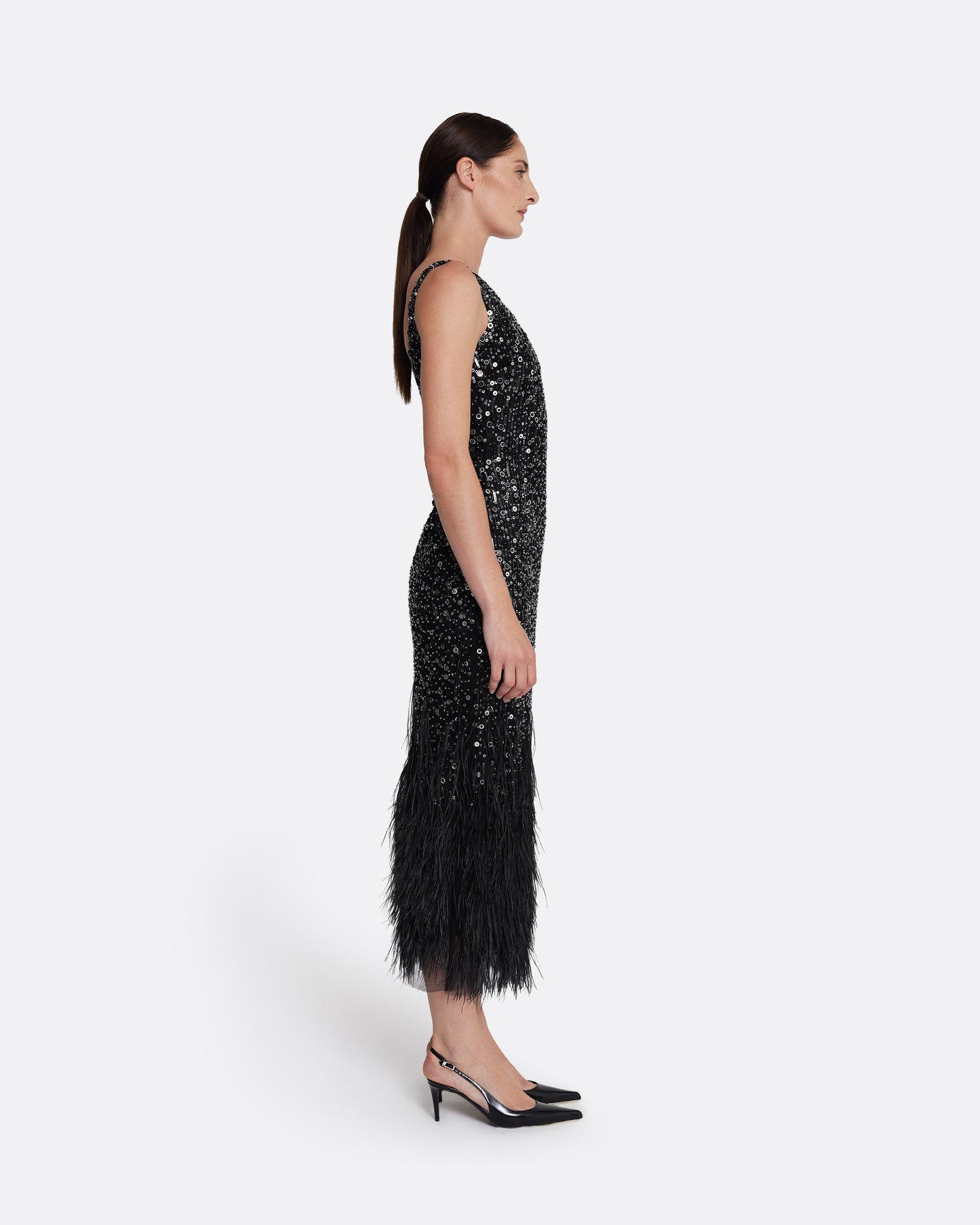 Federica Midi Dress in Black with Feather Embellishment