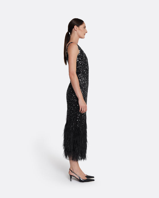 Column midi dress with feather detail in BLACK WITH JET