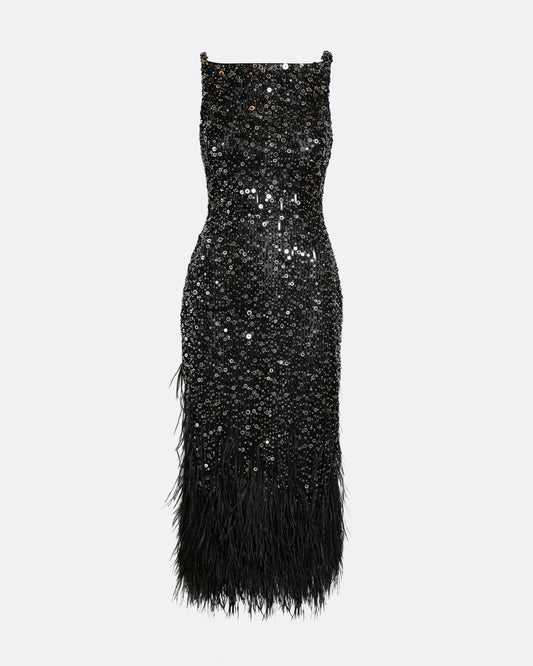 Column midi dress with feather detail in BLACK WITH JET
