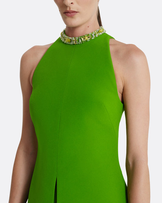 A-line mini dress with racer neck in VERDANT GREEN W MULTI-GREENS