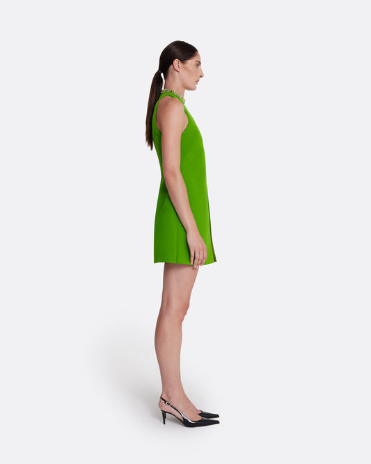 A-line mini dress with racer neck in VERDANT GREEN W MULTI-GREENS