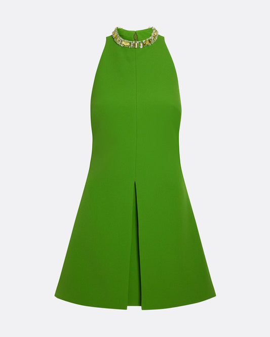 A-line mini dress with racer neck in VERDANT GREEN W MULTI-GREENS
