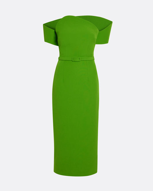 off shoulder midi dress with asymmetric neckline in VERDANT GREEN