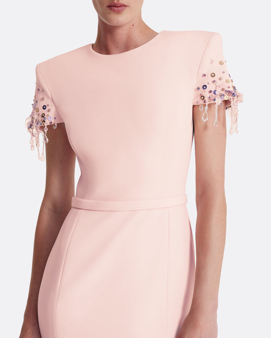 Crew neck gown with structured shoulders in PALE PINK WITH MULTI-PASTEL