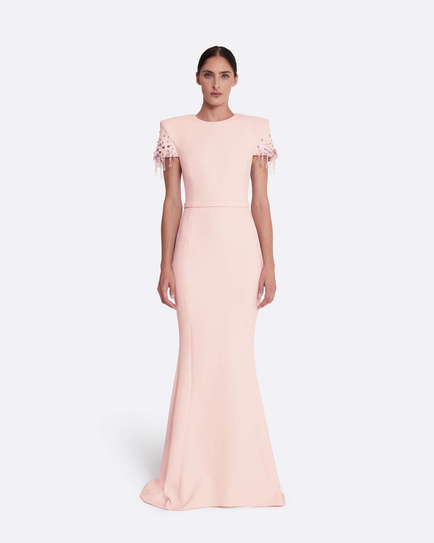 Parker Long Dress Long in Pale Pink with Multi-pastel Safiyaa London Parker Long Dress Long in Pale Pink with Multi-pastel Safiyaa London