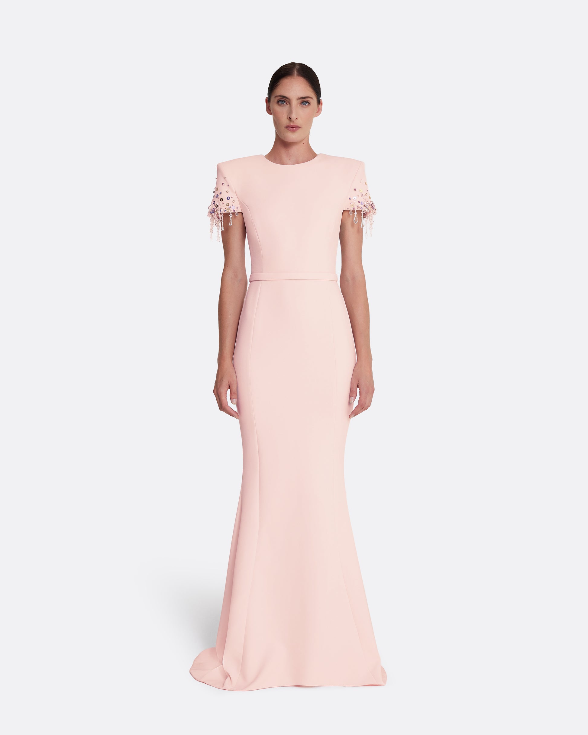 Parker Long Dress Long in Pale Pink with Multi-pastel Safiyaa London Parker Long Dress Long in Pale Pink with Multi-pastel Safiyaa London
