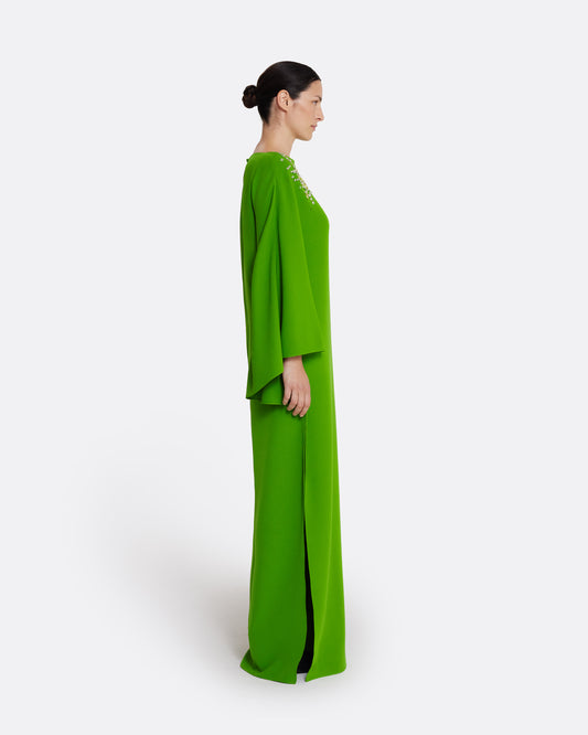 Flowing kaftan gown with asymmetric sleeves in VERDANT GREEN W MULTI-GREENS