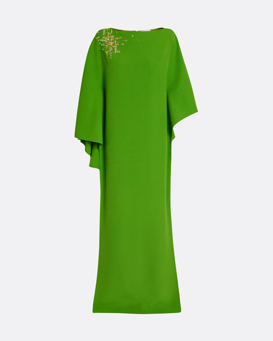 Flowing kaftan gown with asymmetric sleeves in VERDANT GREEN W MULTI-GREENS