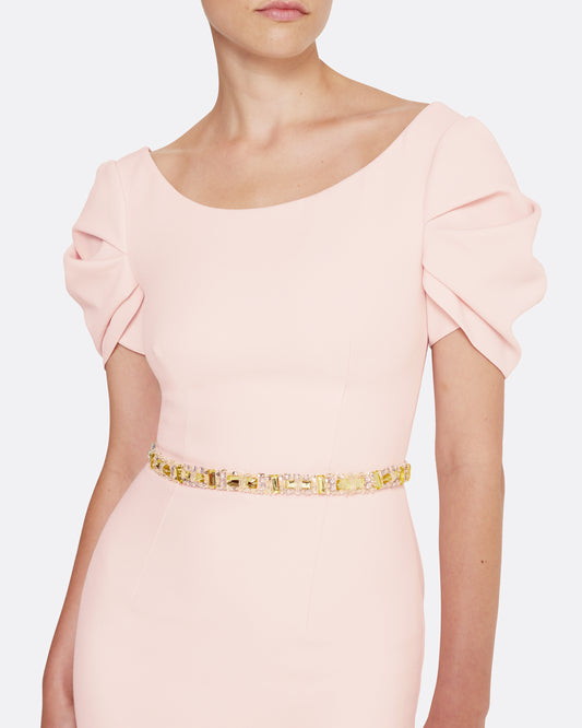 Column gown with sculptural draped sleeves in PALE PINK WITH GOLD
