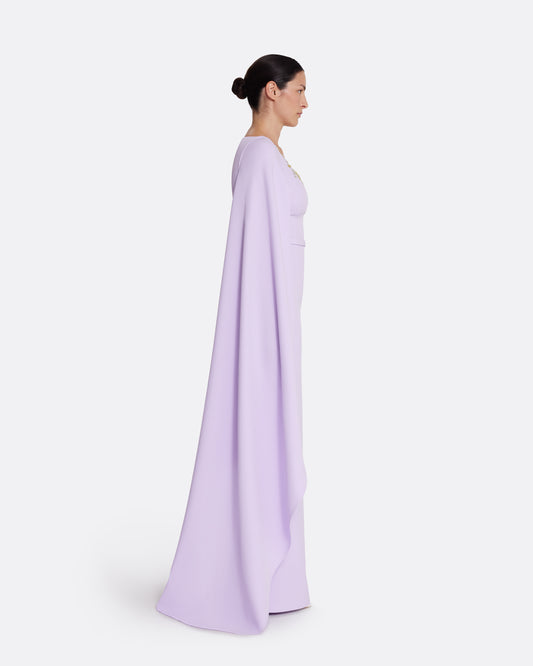 Column gown with cape sleeves in VERBENA WITH GOLD