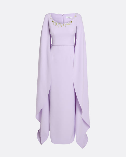 Column gown with cape sleeves in VERBENA WITH GOLD