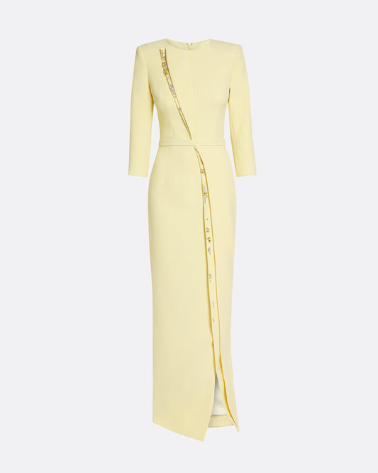 Tosavetta Long Dress in Pale Yellow with Gold