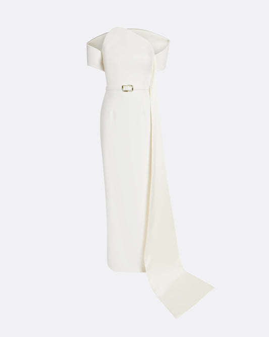 Column gown with asymmetric bustier & sash detail in IVORY WITH GOLD