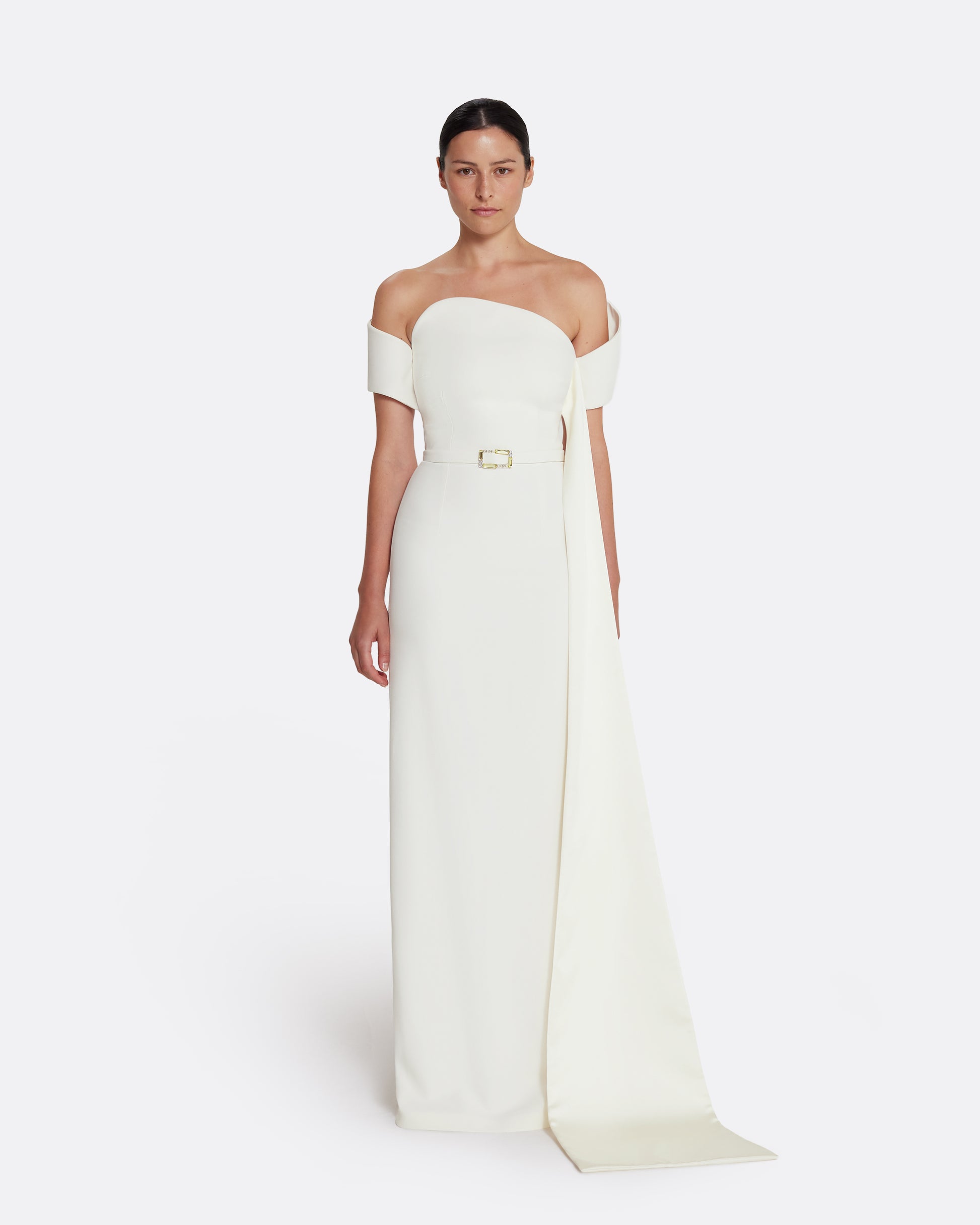Giorgia Long Dress in Ivory with Embellished Belt Safiyaa London Giorgia Long Dress in Ivory with Embellished Belt Safiyaa London