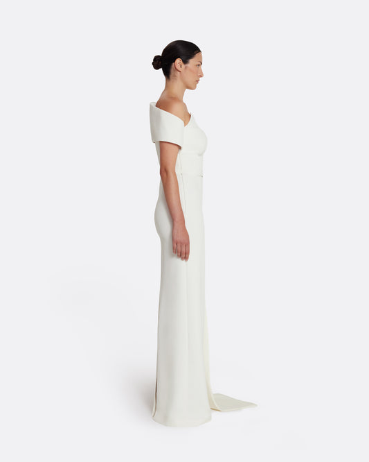 Column gown with asymmetric bustier & sash detail  in IVORY
