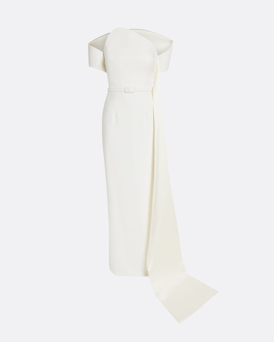 Column gown with asymmetric bustier & sash detail  in IVORY