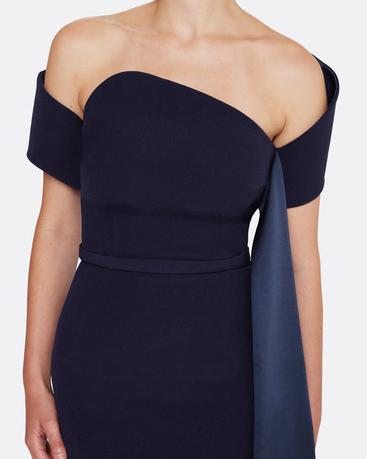 Column gown with asymmetric bustier & sash detail  in INK BLUE ON AZURITE