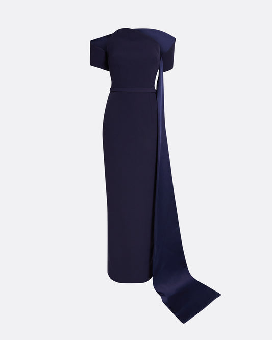 Column gown with asymmetric bustier & sash detail  in INK BLUE ON AZURITE