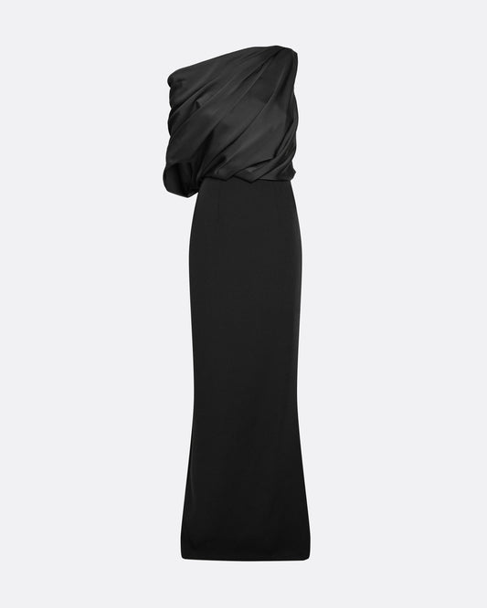 Column gown with asymmetric draped top in BLACK