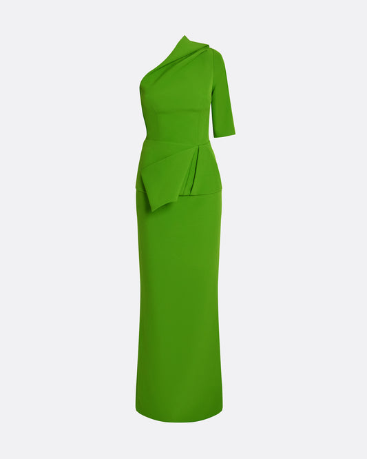 One sleeve column gown with side slit in VERDANT GREEN