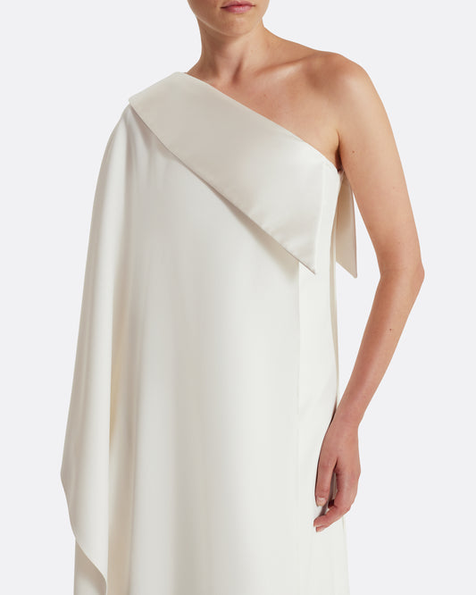 Asymmetric gown with drapped sleeve detail in IVORY