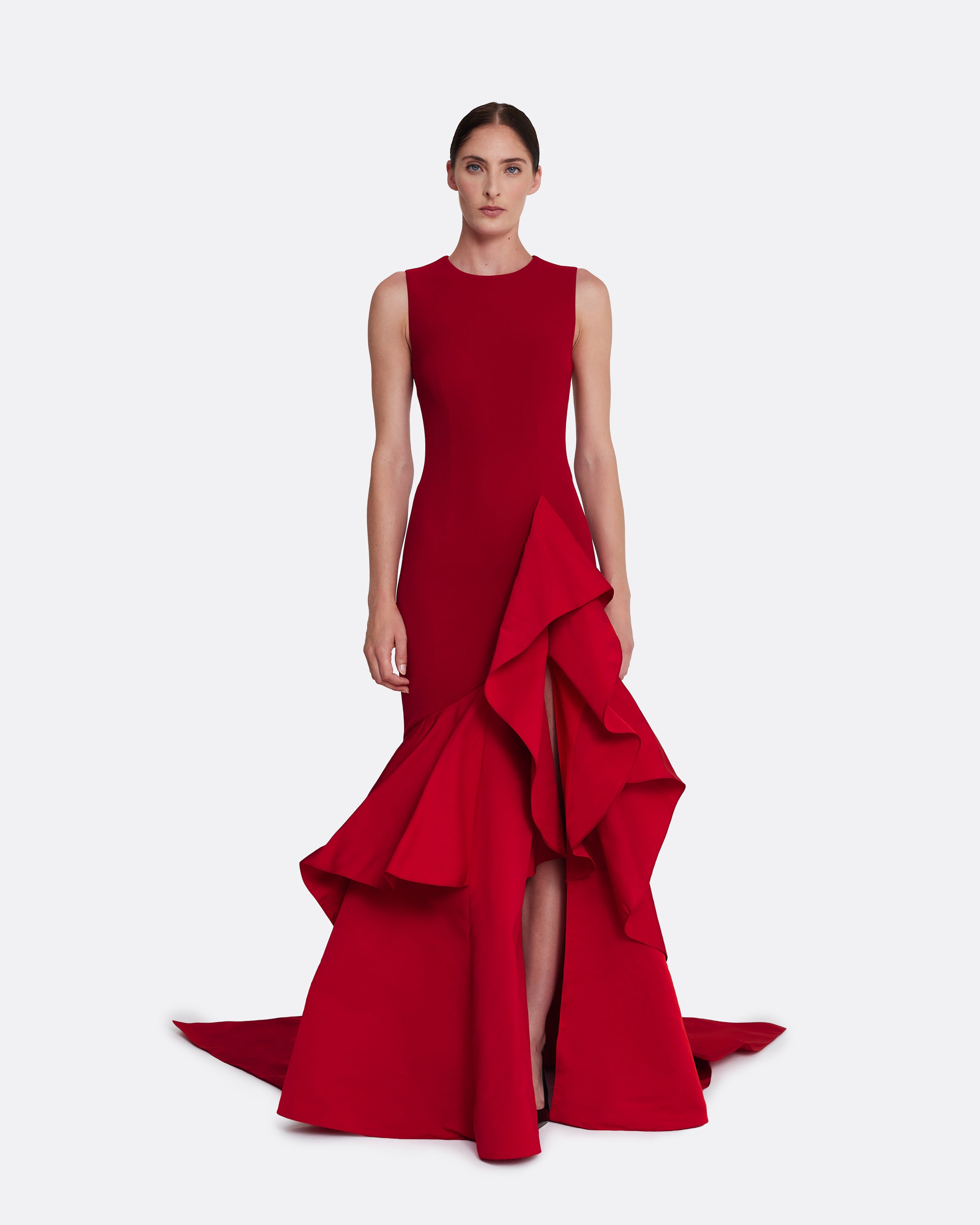 Viviana Long Dress in Lacquer Red on Azalea Red