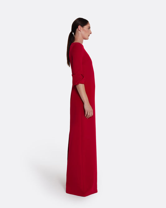 detailed long sleeve A line gown  in AZALEA RED