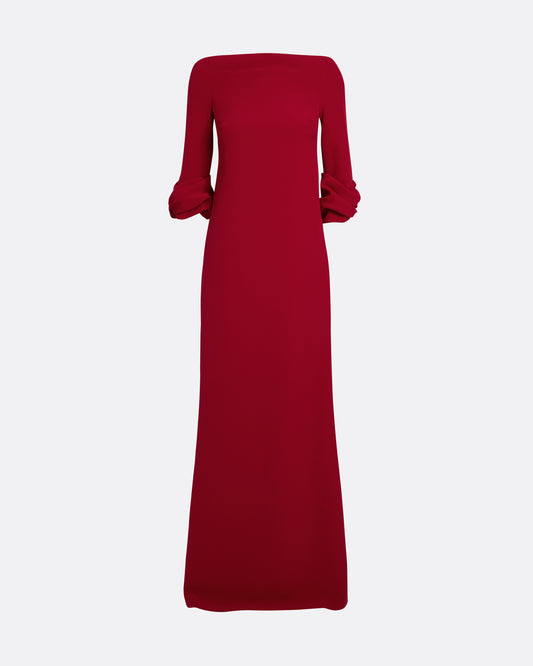 detailed long sleeve A line gown  in AZALEA RED