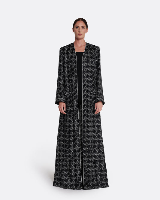 Full-length wrap abaya in ECRU ON BLACK