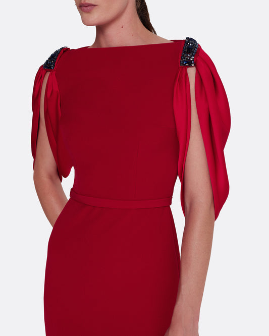 Long fishtail dress with boat neck in CHERRY RED ON AZALEA W M-BLUES