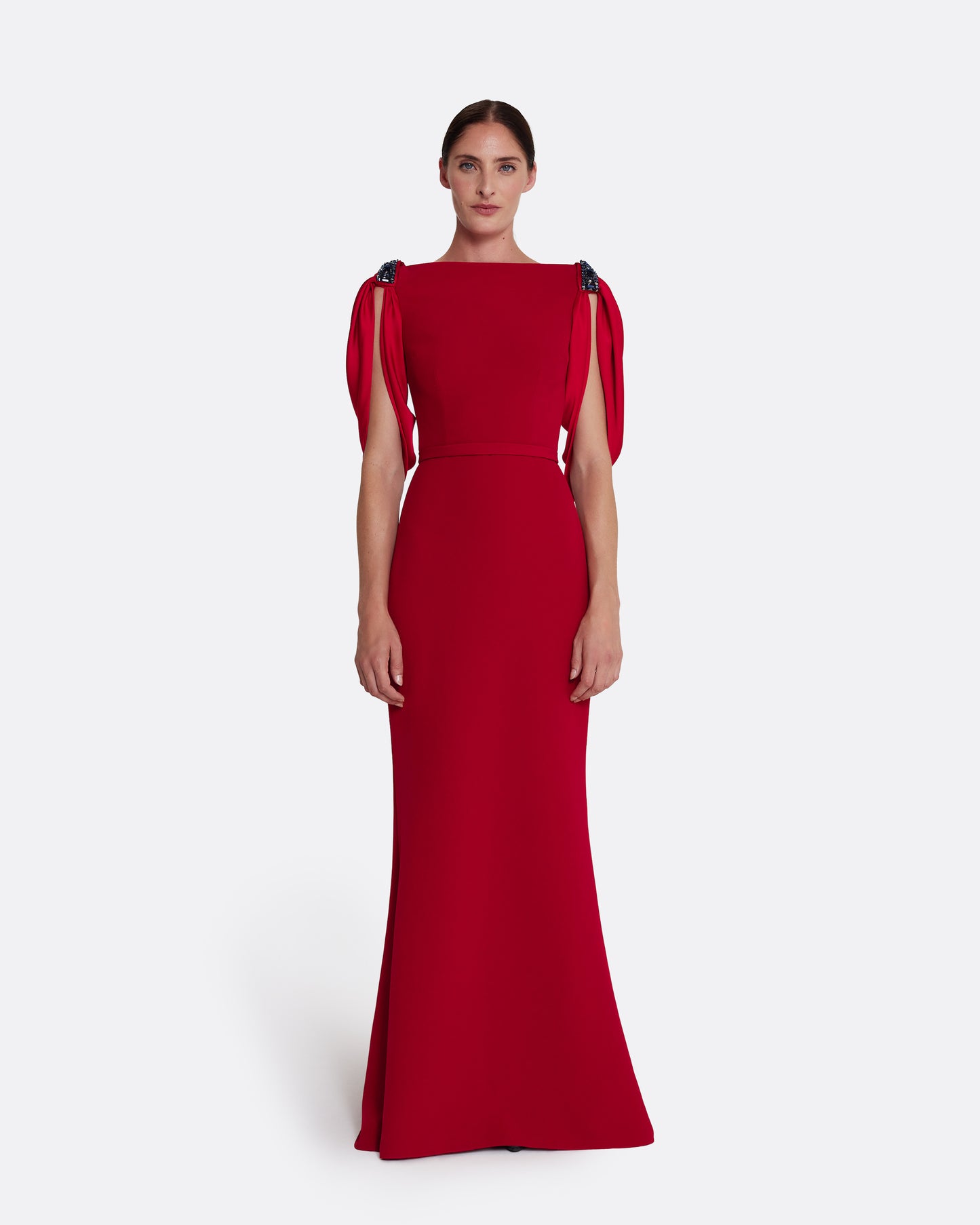 Mariah Long Dress in Cherry Red on Azalea with Multi-blues