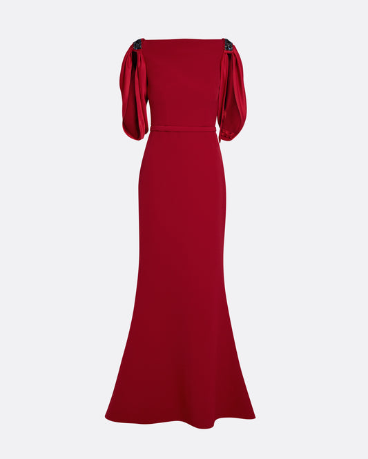Long fishtail dress with boat neck in CHERRY RED ON AZALEA W M-BLUES