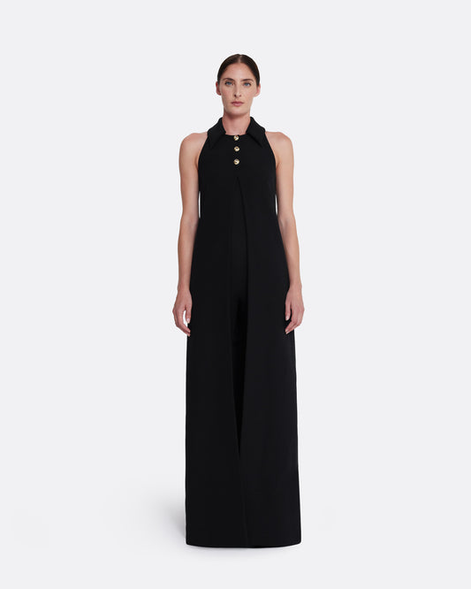 Collared, sleeveless open-front harness in BLACK