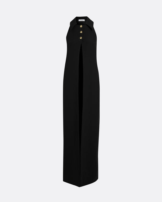 Collared, sleeveless open-front harness in BLACK