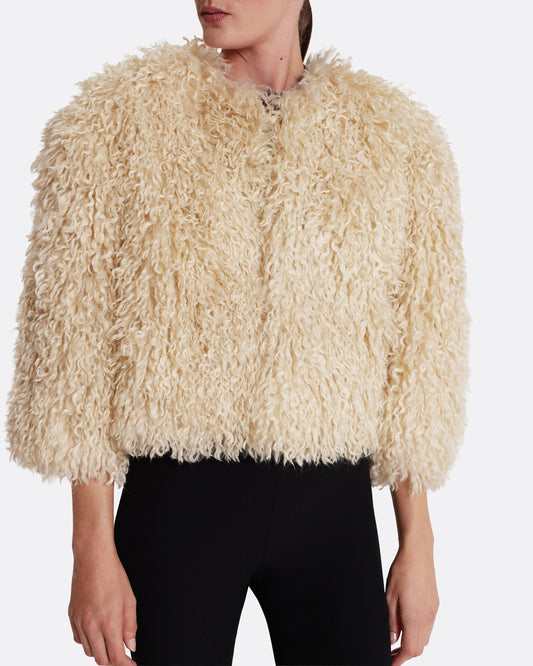 Collarless cropped jacket with cocoon sleeves in STONE