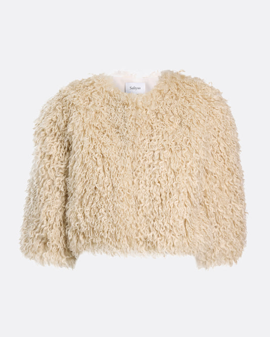 Collarless cropped jacket with cocoon sleeves in STONE