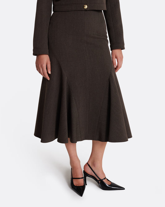 High waisted midi skirt with kick-flare detail in SOFT BROWN