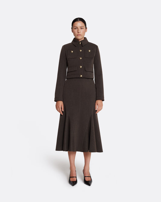 High waisted midi skirt with kick-flare detail in SOFT BROWN