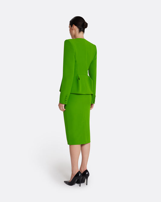 Collarless jacket with peplum in VERDANT GREEN