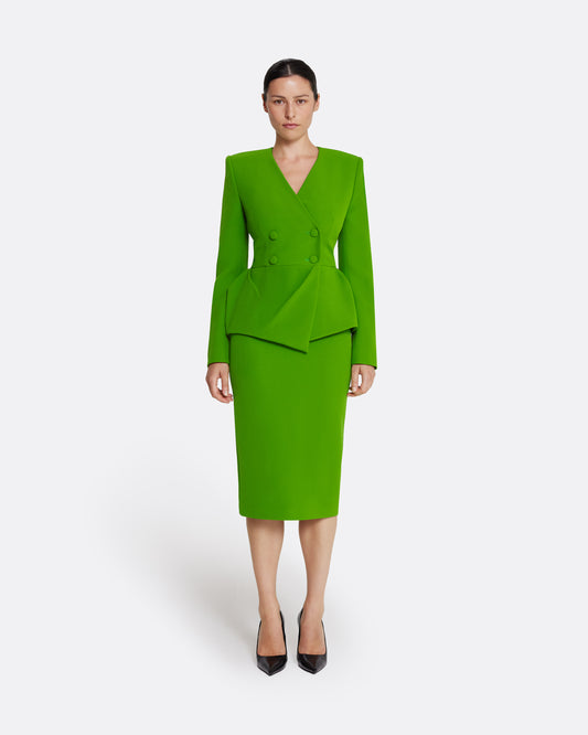 Collarless jacket with peplum in VERDANT GREEN
