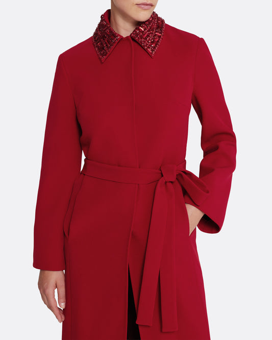 Full-length wrap coat with tie belt in AZALEA RED WITH MULTI-REDS