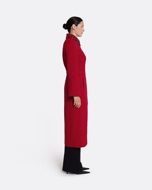 Full-length wrap coat with tie belt in AZALEA RED WITH MULTI-REDS