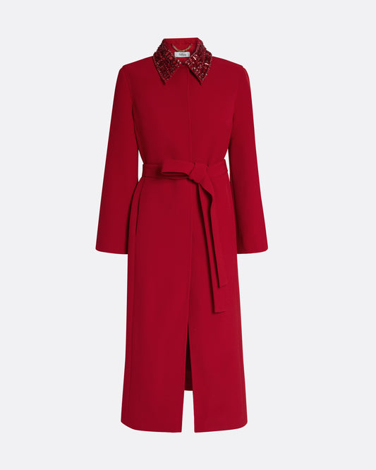 Full-length wrap coat with tie belt in AZALEA RED WITH MULTI-REDS
