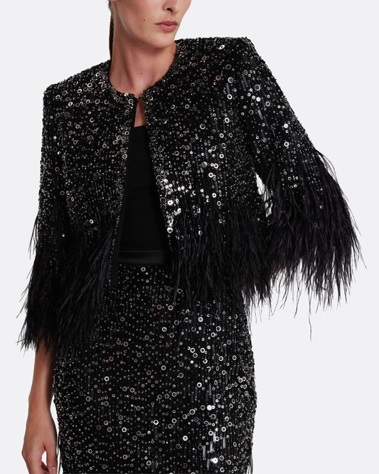 Collarless cropped jacket with feather details in BLACK WITH JET