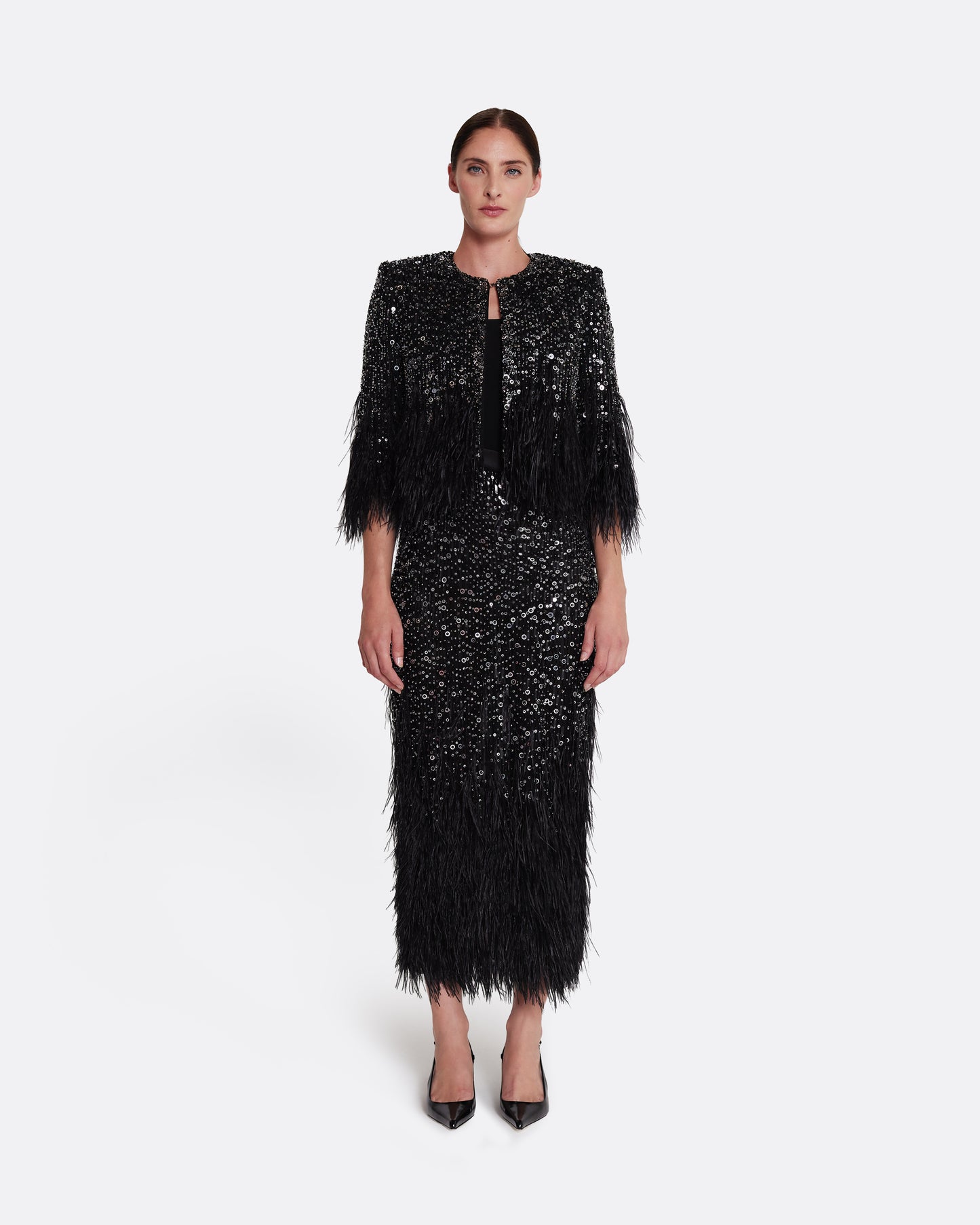 Fabiana Jacket in Black with Feather Embellishment