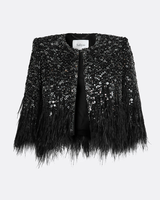 Collarless cropped jacket with feather details in BLACK WITH JET