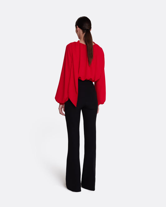 Flowing, tie neck, semi-sheer blouse in AZALEA RED