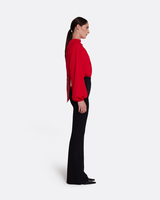 Flowing, tie neck, semi-sheer blouse in AZALEA RED