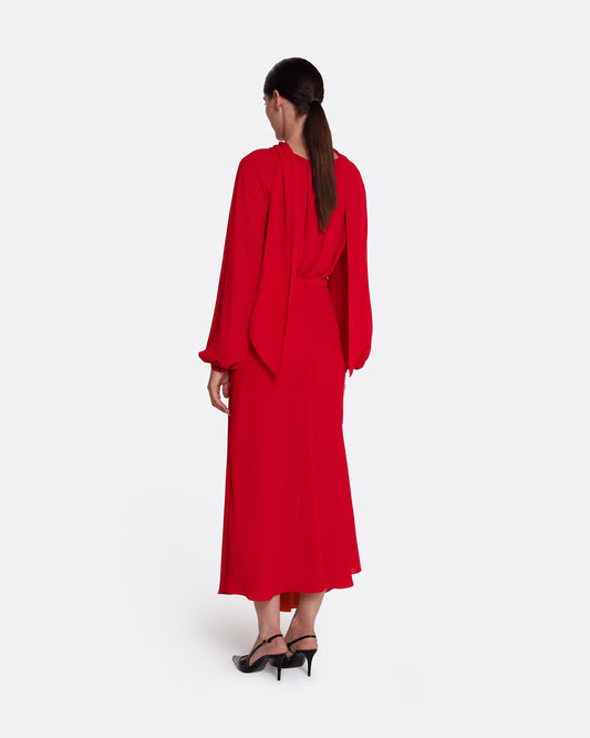 Flowing, tie neck, semi-sheer blouse in AZALEA RED